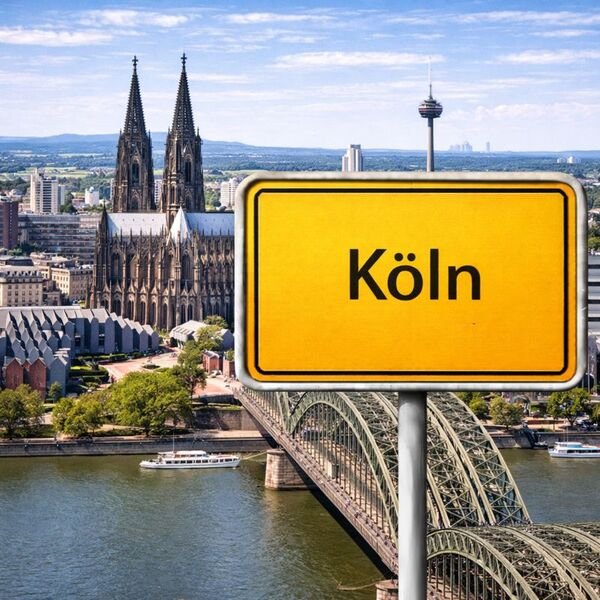 Gelbes Ortsschild Köln mit Stadt im Hintergrund
